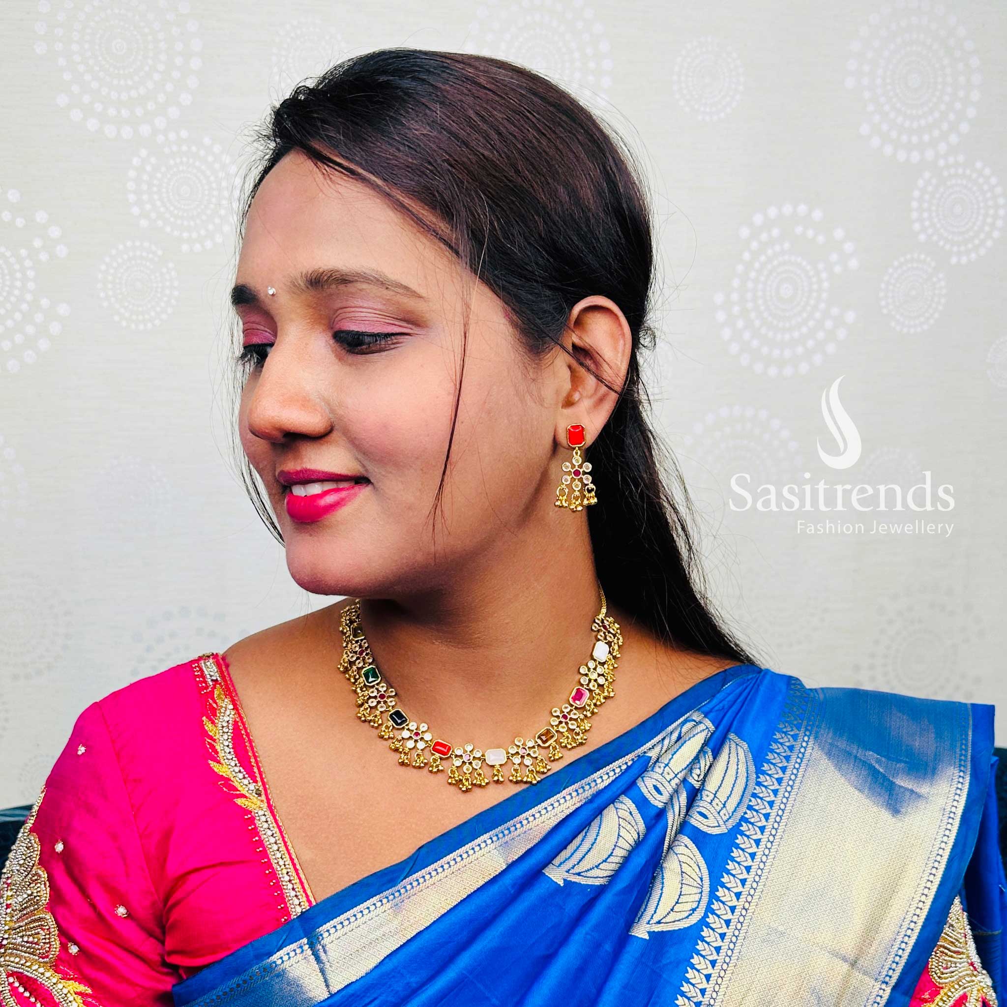 Elegant Temple Matte Gold Plated Multi Stone Floral Jewellery Set With AD Studded Centrepiece And Artistic Style – Crafted For Celebrations, This Multi-Colour Set Radiates Cultural Sophistication – Sasitrends


