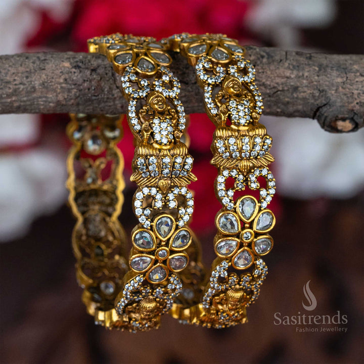 Elegant Deity Lakshmi AD Floral Temple Matte Gold Black Bangles