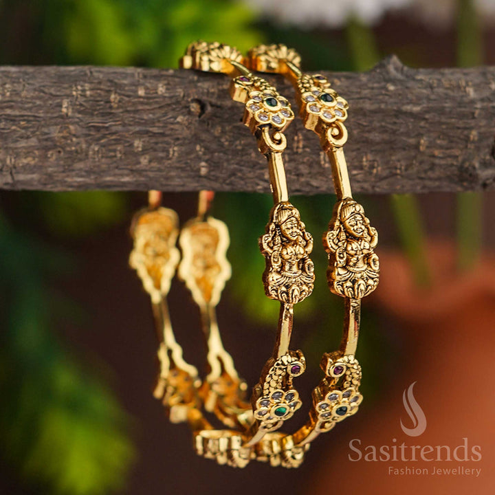 New Arrival: Temple Matte Gold Plated Lakshmi and Peacock Bangles Pair with American Diamonds | Sasitrends