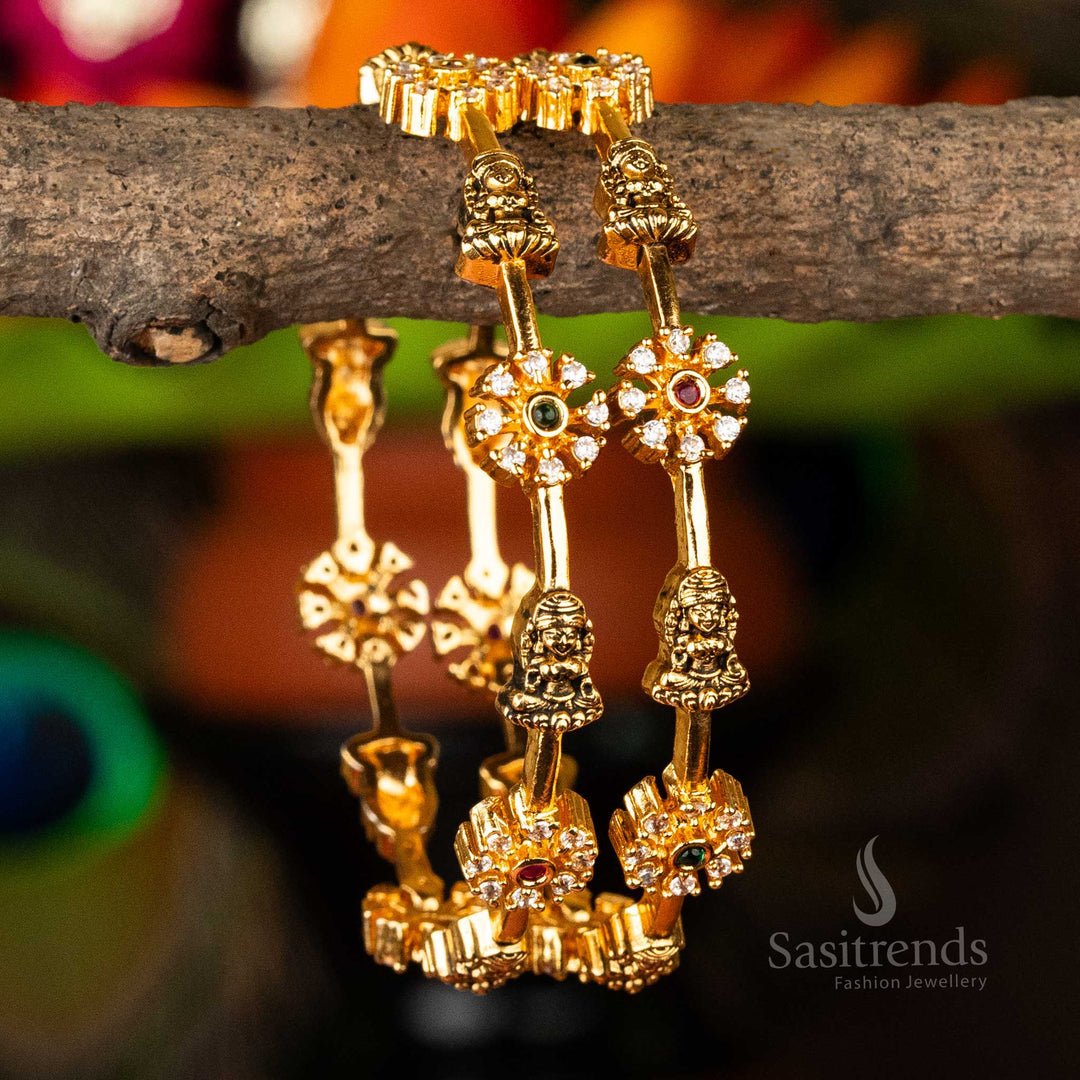 Elegant Lakshmi & Flower Motif AD Bangle Pair | Matte Gold Plated | Traditional Design for Women