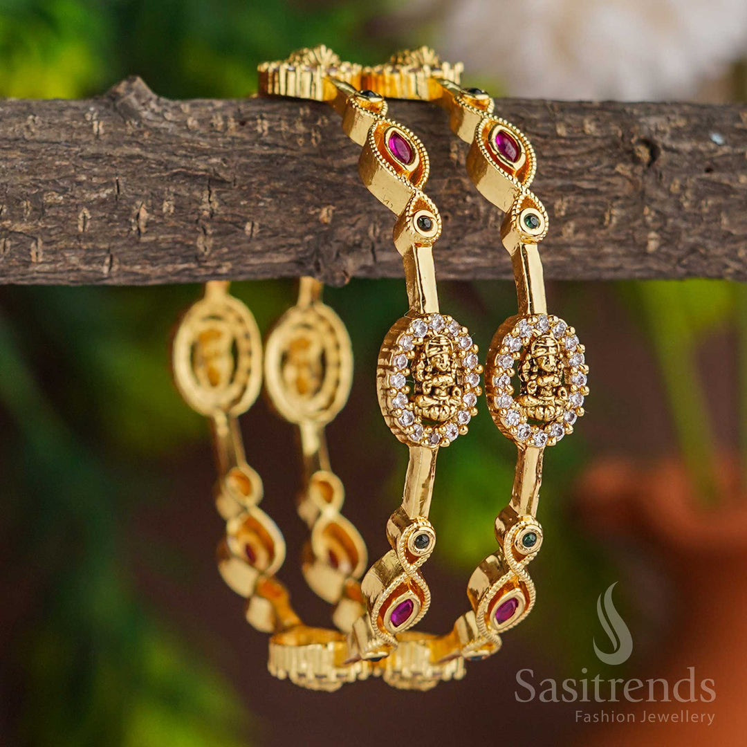 Elegant Lakshmi Motif Bangle Pair with AD Stones & Matte Gold Plating