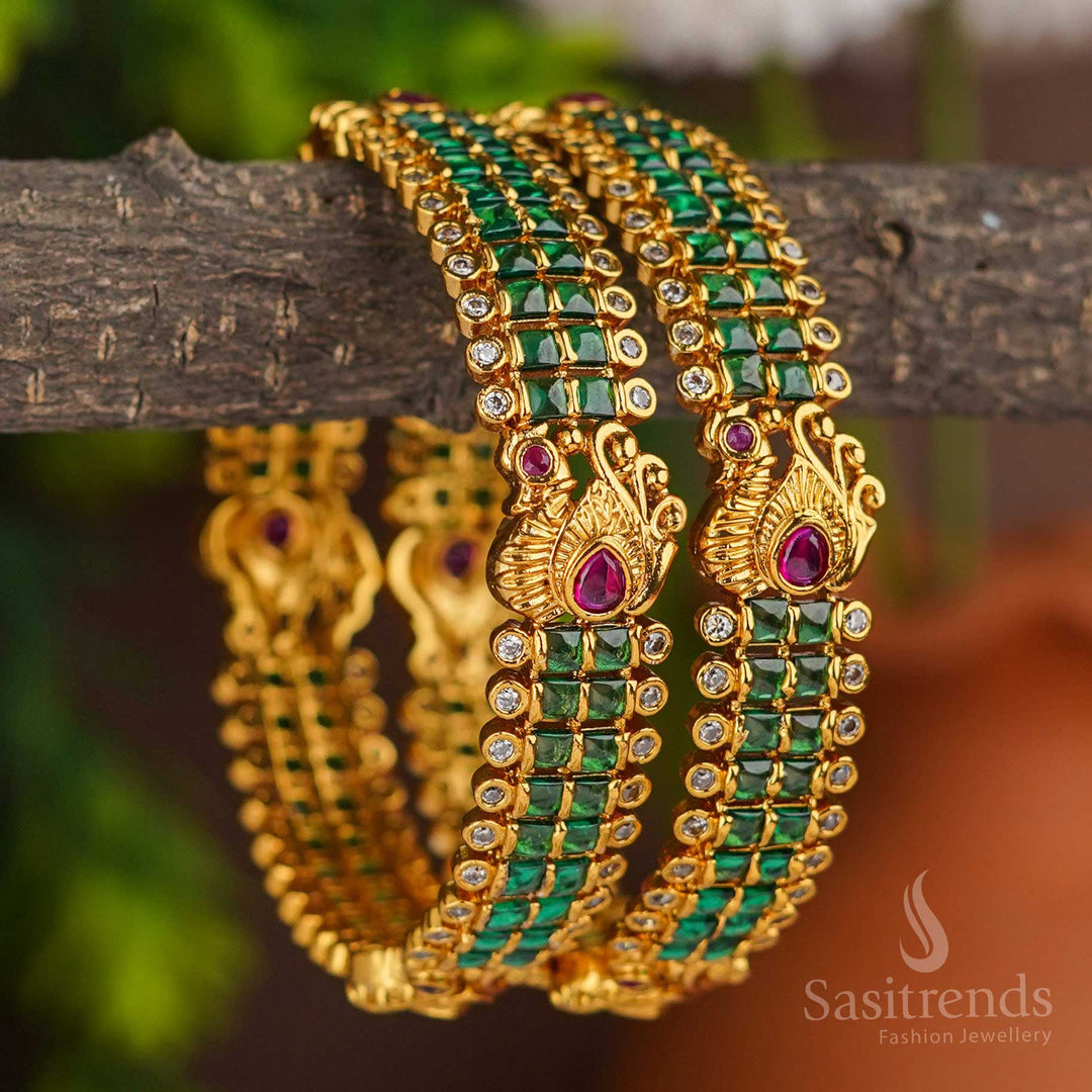 Traditional Multi-Color Bridal Peacock AD Bangle Pair | Matte Gold Plated - Sasitrends