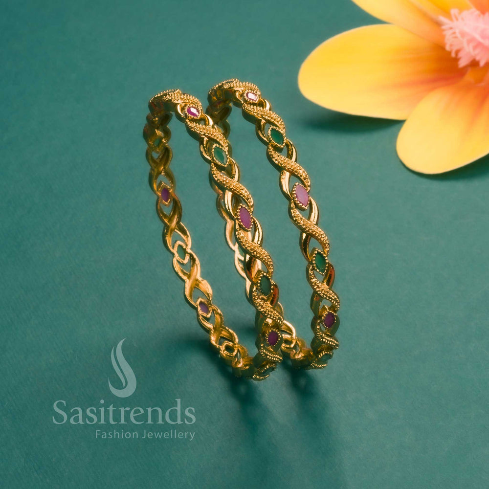 Matte Gold plated Ruby-Green Bangles with AD stones for festive wear - Sasitrends