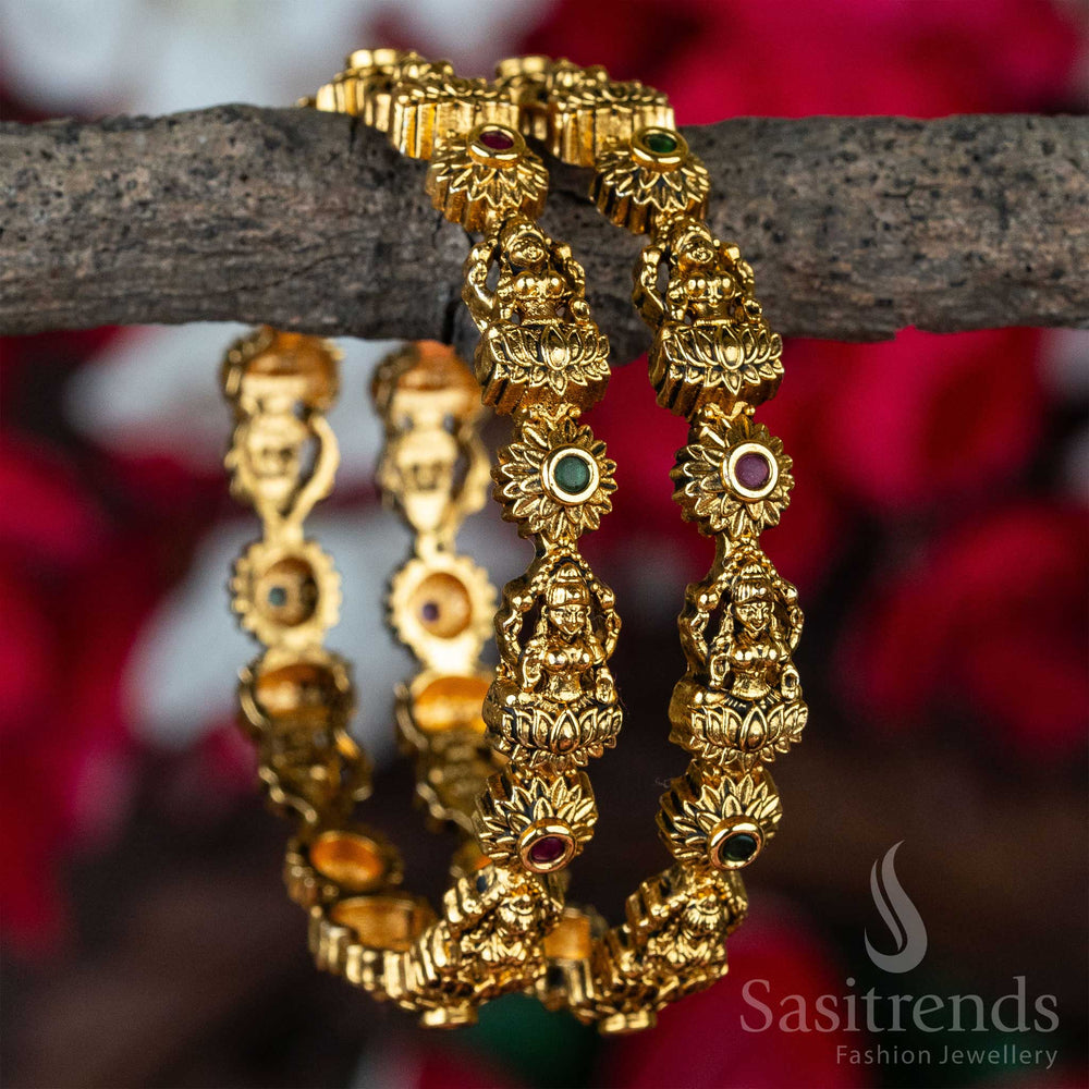  Lakshmi Temple Gold Plated Bangles with Red & Green Stones - Traditional Jewelry Online Shopping