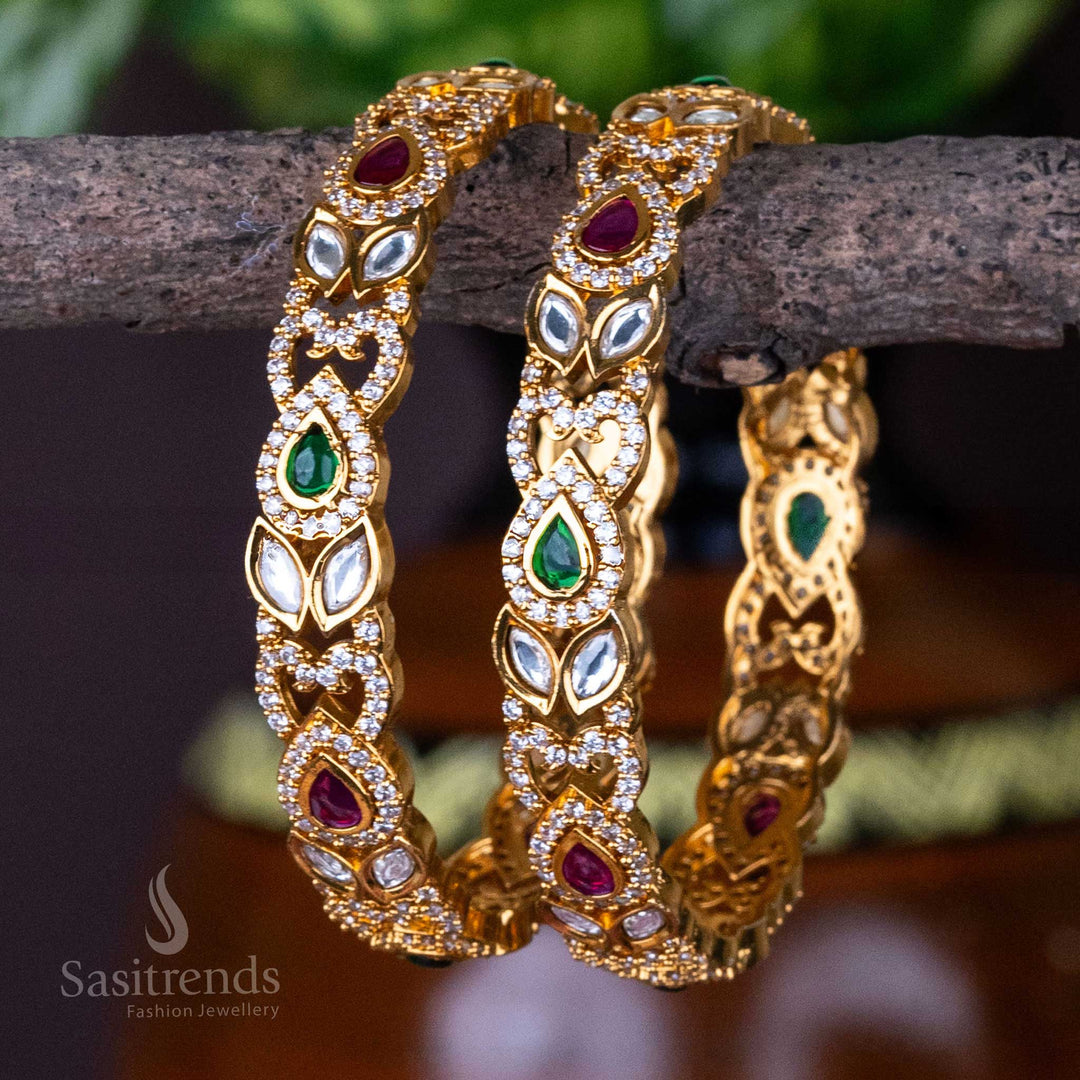 Temple Wear Matte Gold Plated Floral Designer Kudan Multi color Bangles - Sasitrends