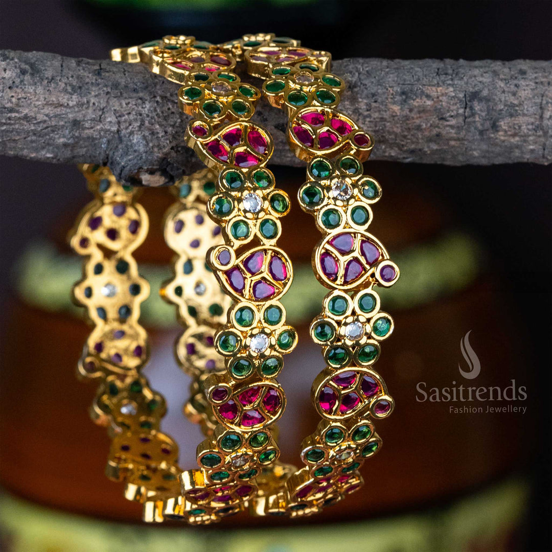 Temple Wear Matt Gold Plated Peacock And Flower Designer AD Stone Bangles - Sasitrends