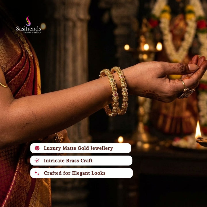 Matte gold plated AD stone bangles model image - Sasitrends