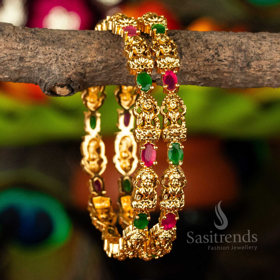 Traditional Temple Wear Matt Gold Plated Ruby Green Lakshmi Pattern Bangles Online Shopping - Sasitrends
