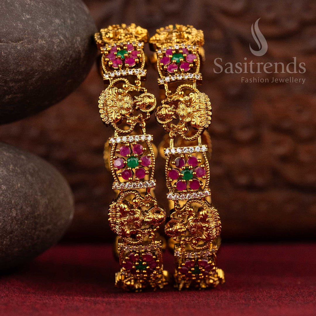 Divine Grace temple matte gold plated Lakshmi bridal bangle with ethnic carvings and regal detailing, designed for traditional Indian wedding jewellery splendour – sasitrends