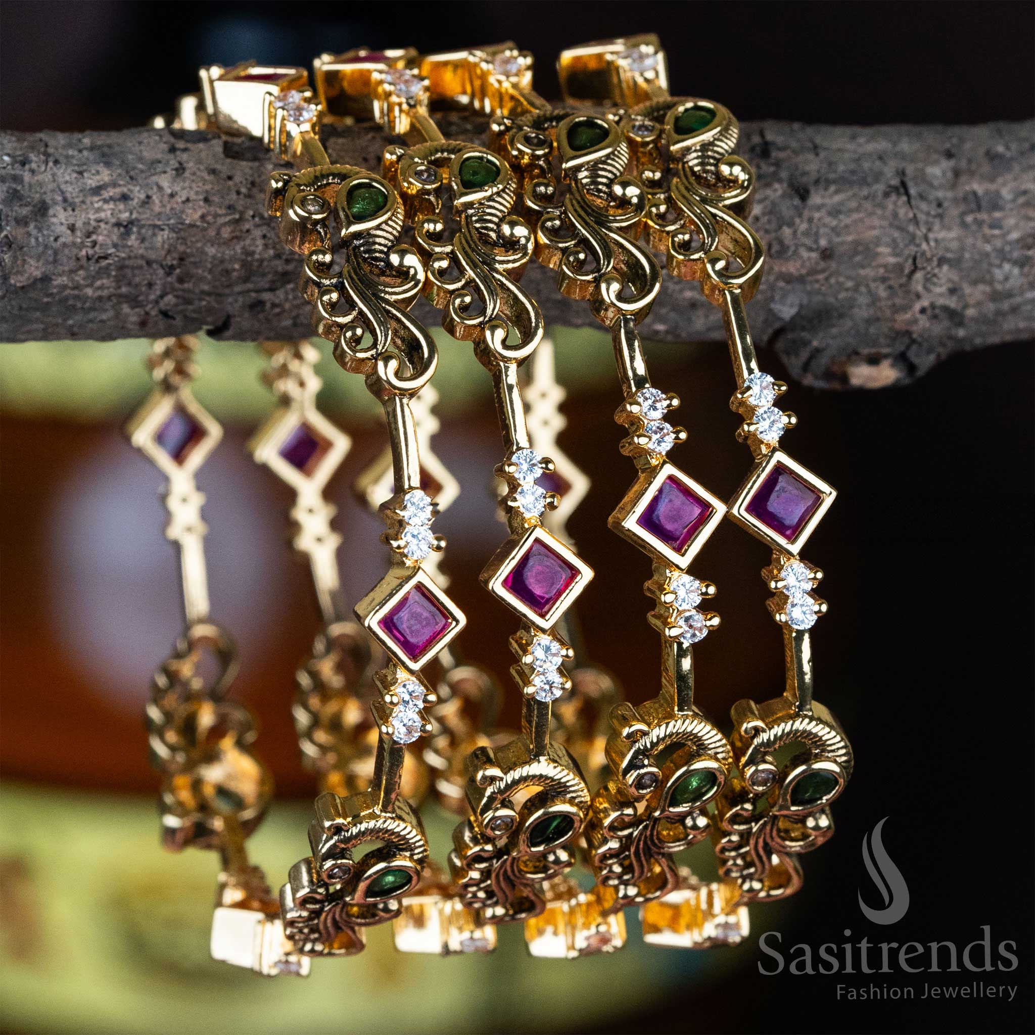 Traditional Matt Gold Plated Peacock Pattern Bangles - Sasitrends