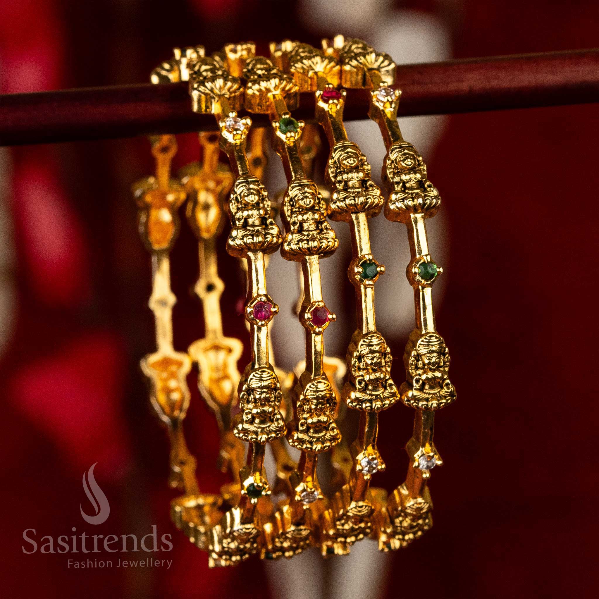 Traditional Temple Wear Matt Gold Plated Four Pieces Round AD Stone Lakshmi Motif Bangles Online Shopping - Sasitrends