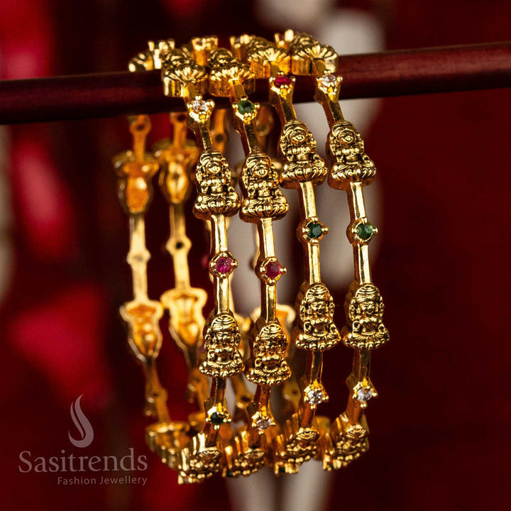 Traditional Temple Wear Matt Gold Plated Four Pieces Round AD Stone Lakshmi Motif Bangles Online Shopping - Sasitrends