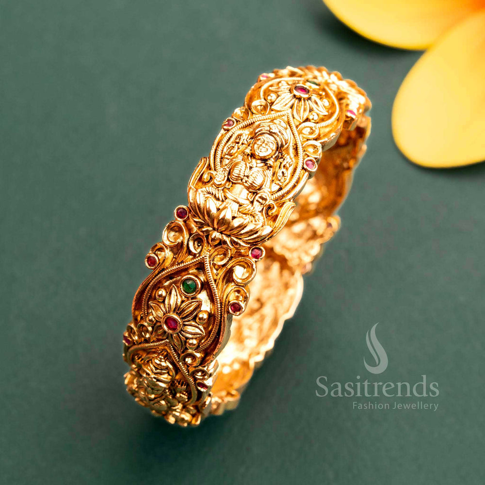 Temple Gold Plated Lakshmi Kada Bangle with Ruby-Green American Diamond Stones