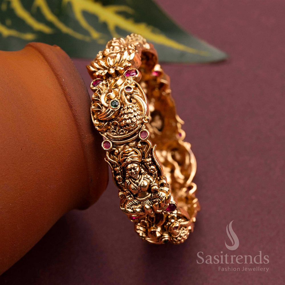 Temple Gold Plated Lakshmi Peacock Kada Bangle with Ruby-Green American Diamond Stones - Grand Bridal Jewelry for Women
