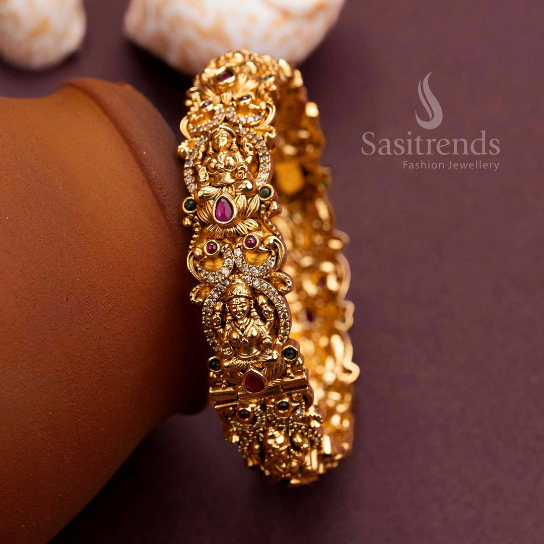 Traditional Lakshmi & Peacock Motif Kada Bangle with Multi-Color Stones