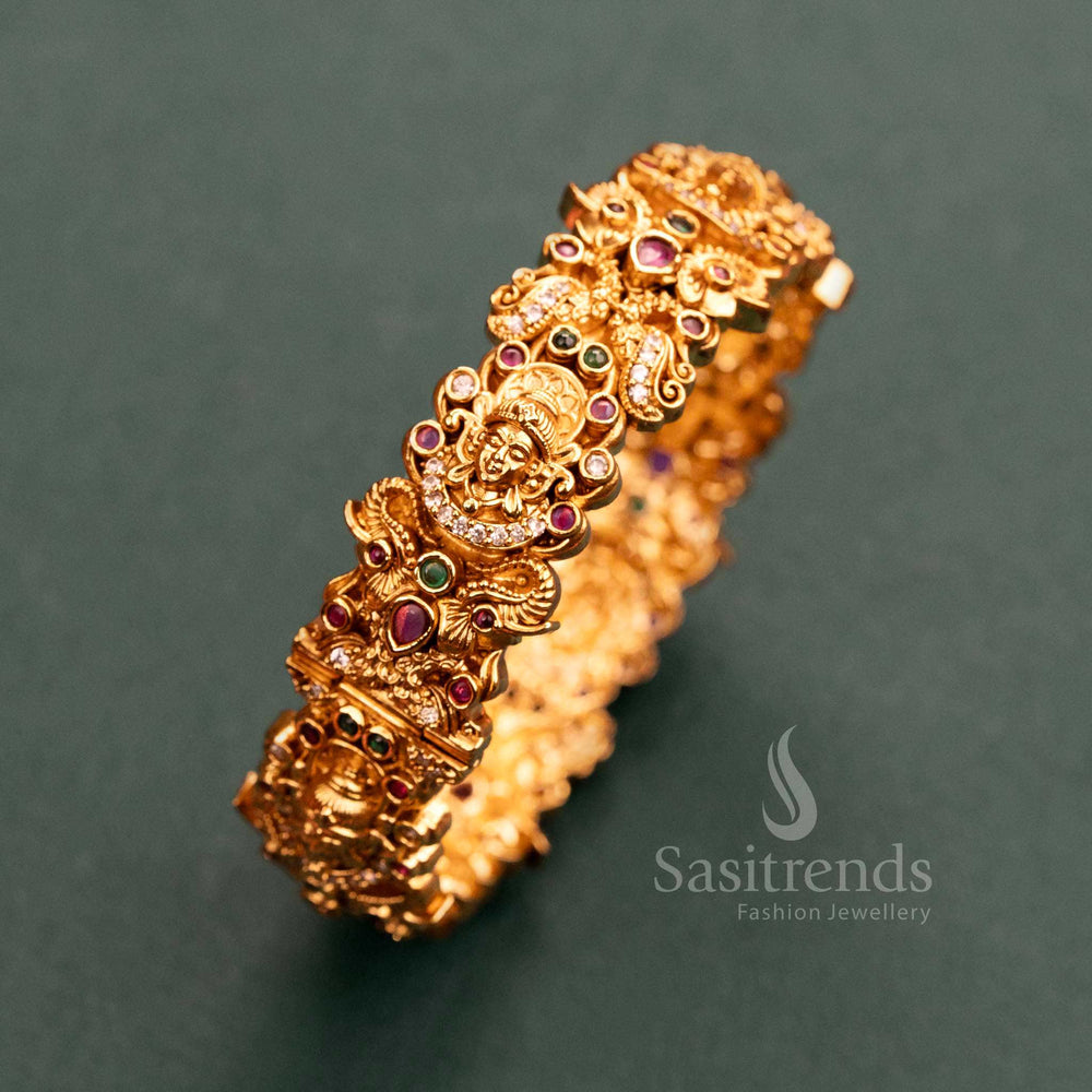 Lakshmi Peacock Kada Bangle - Temple Gold Finish, Ruby-Green Synthetic Stones, Traditional Bridal Jewelry for Women.
