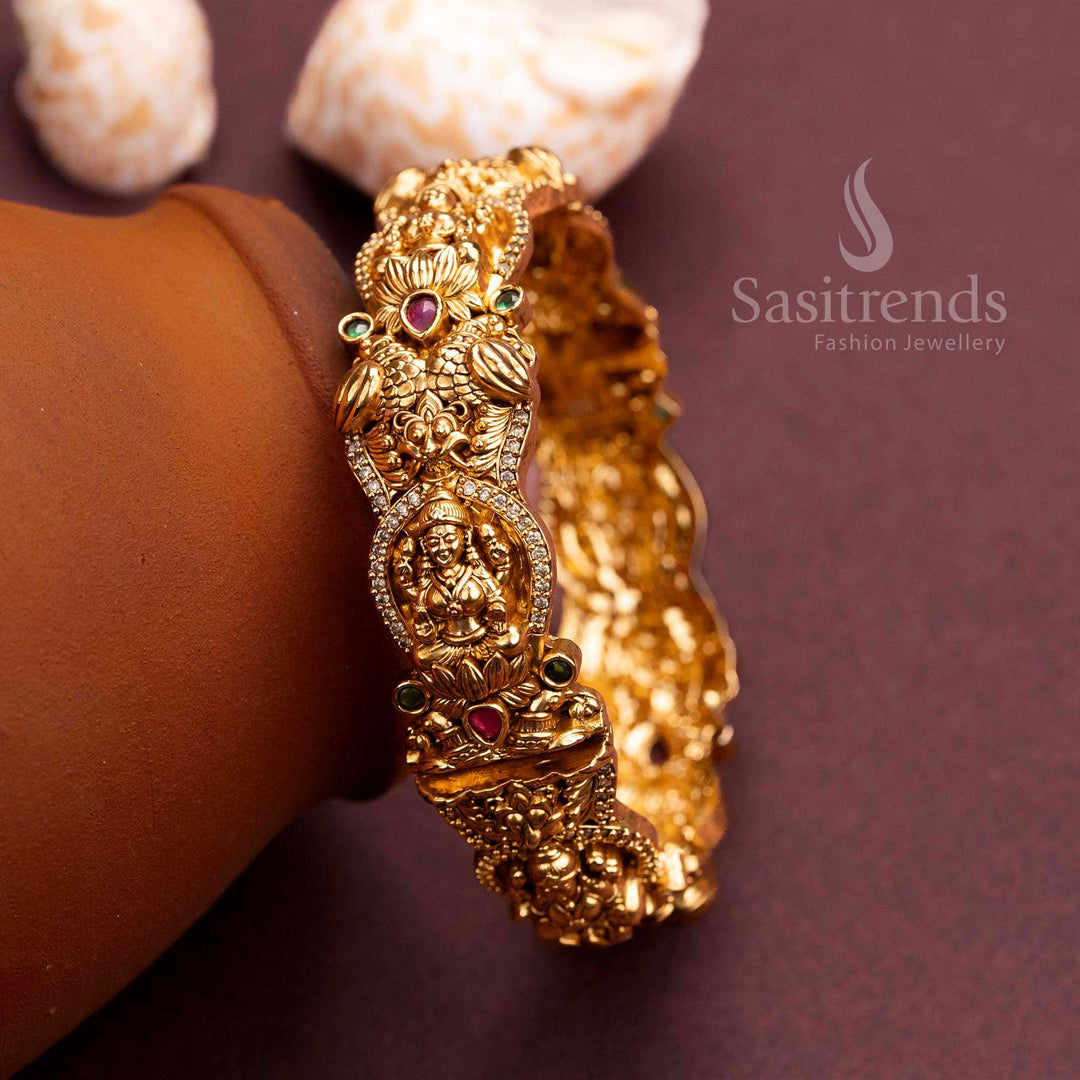 Temple Gold Finish Lakshmi & Peacock Motifs Kada Bangle with Ruby-Green Stones
