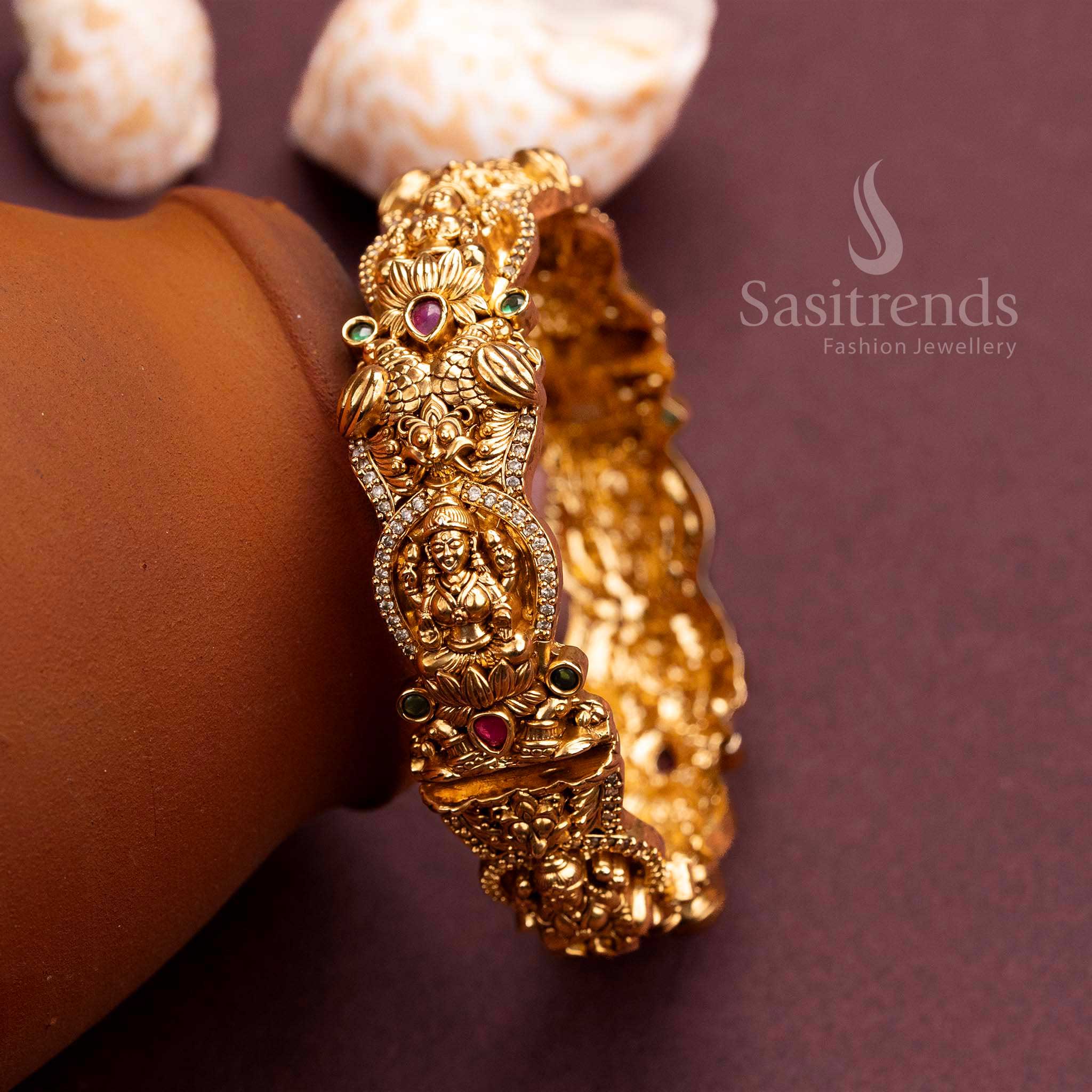 Temple Gold Finish Lakshmi & Peacock Motifs Kada Bangle with Ruby-Green Stones