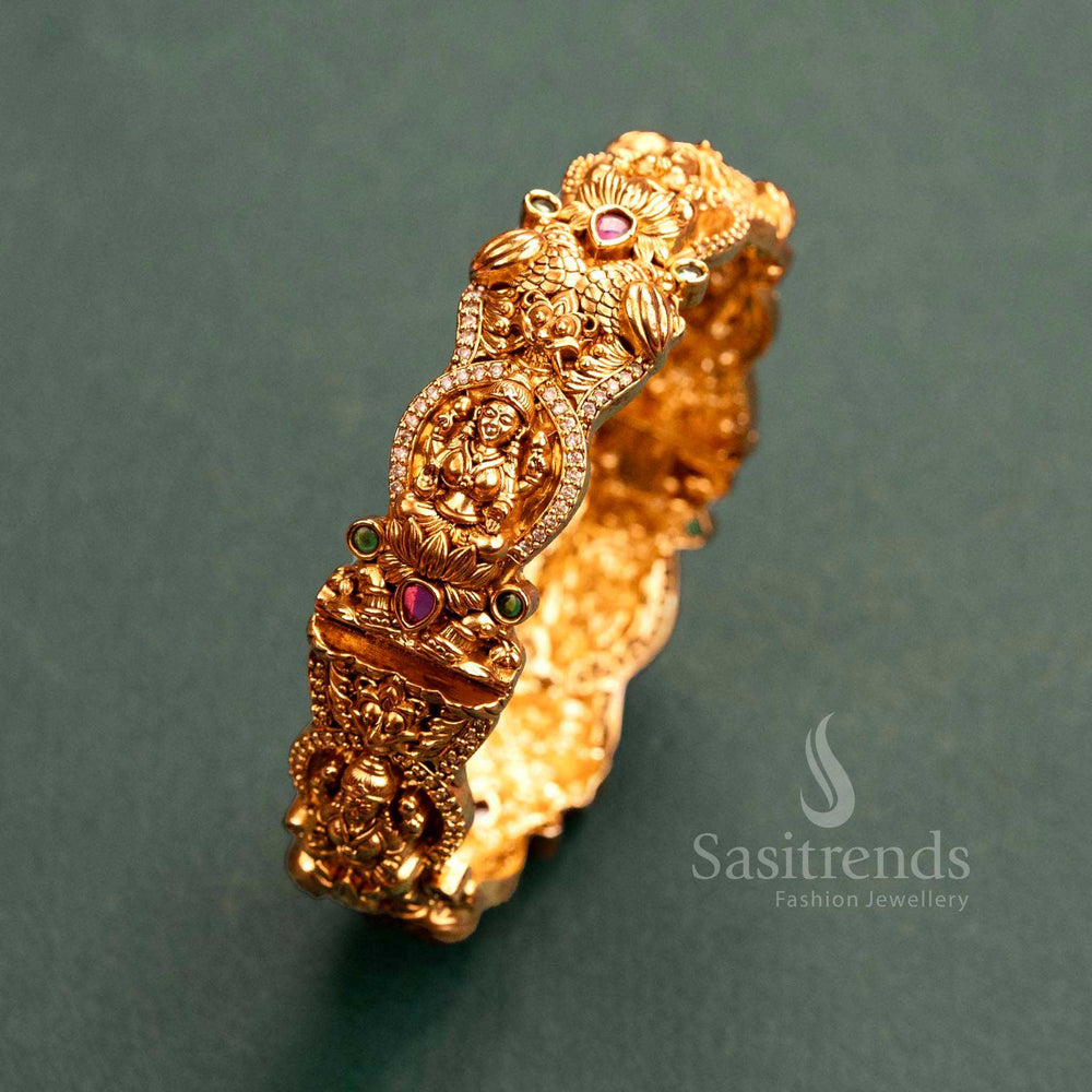 Temple Gold Finish Lakshmi & Peacock Motifs Kada Bangle with Ruby-Green Stones