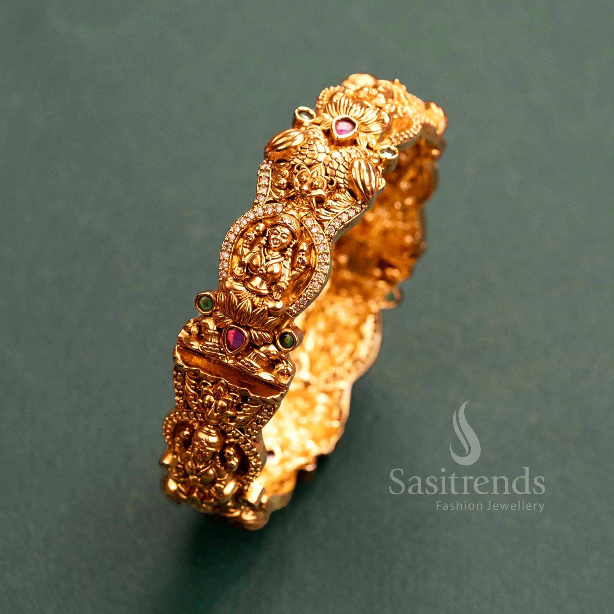 Temple Gold Finish Lakshmi & Peacock Motifs Kada Bangle with Ruby-Green Stones