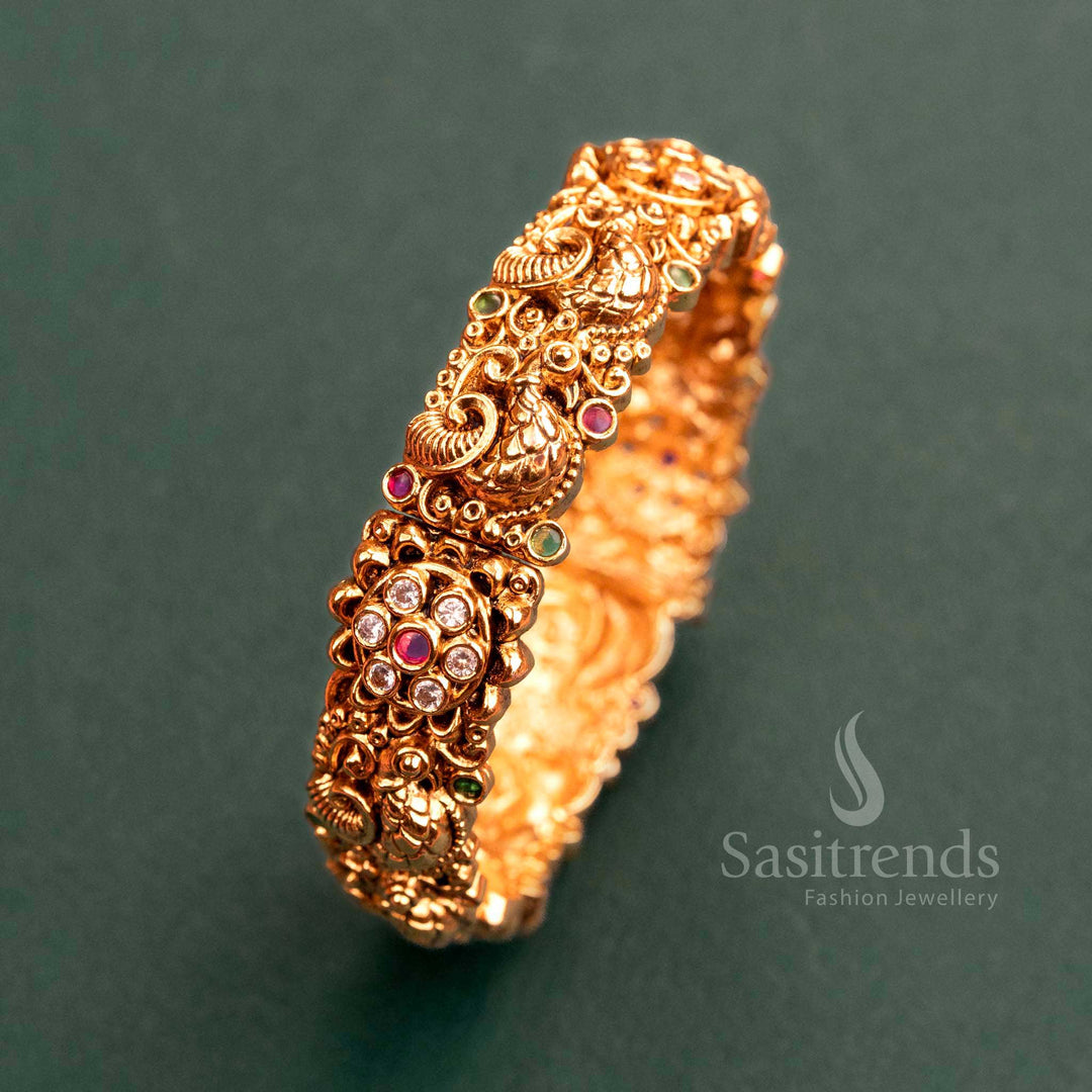 Temple Gold Plated Floral & Peacock Motif Kada Bangle with Stones