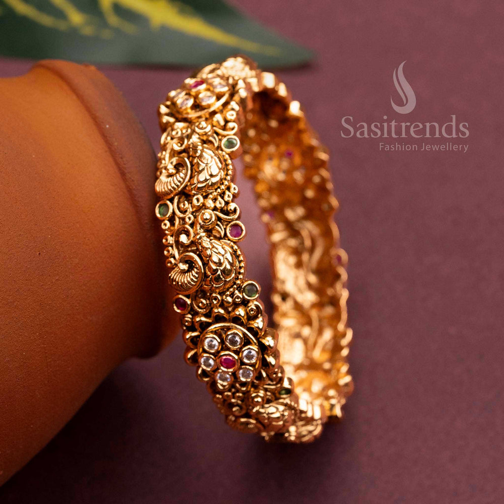 Temple Gold Plated Floral & Peacock Motif Kada Bangle with Stones