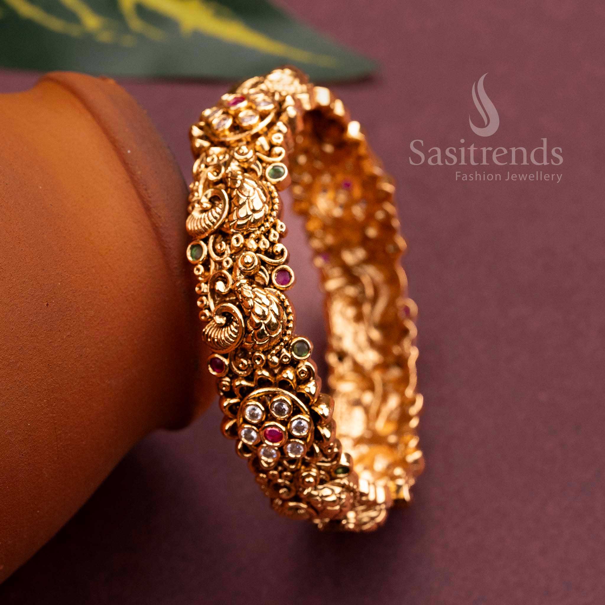 Temple Gold Plated Floral & Peacock Motif Kada Bangle with Stones