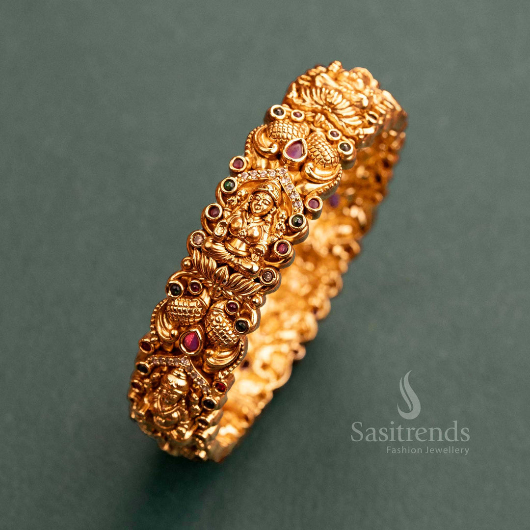 Traditional Lakshmi & Peacock Motif Openable Kada Bangle with Ruby-Green Stones