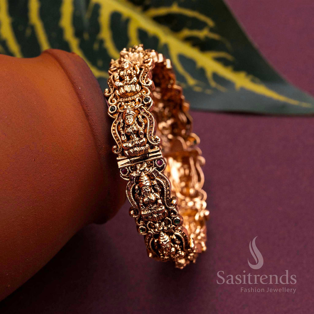 Goddess Lakshmi Openable Kada Bangle - Matte Gold with Ruby-Green Stones