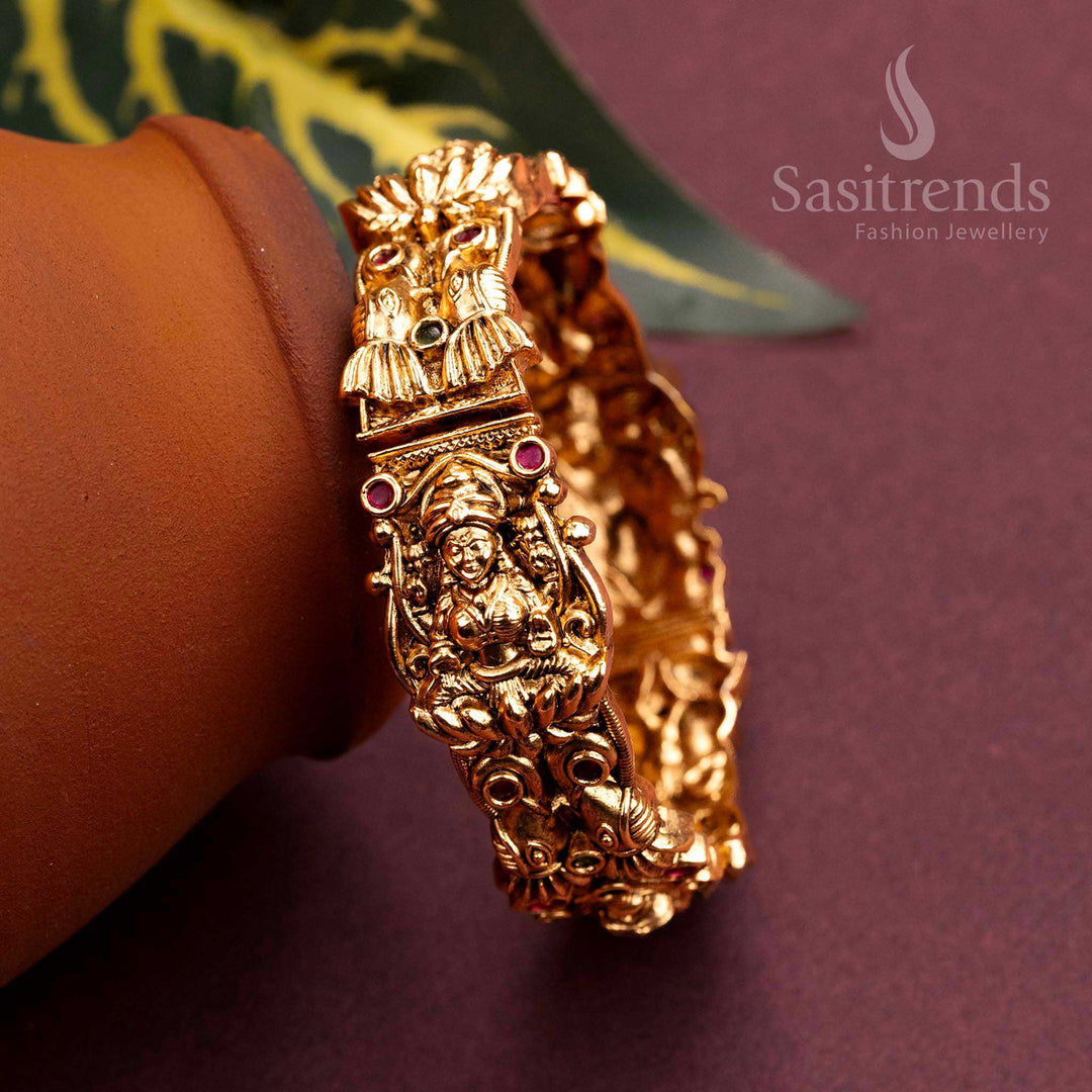 Traditional Lakshmi & Peacock Motif Gold Plated Kada Bangle with Stones