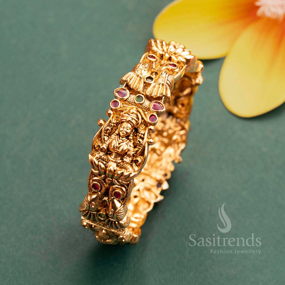 Traditional Lakshmi & Peacock Motif Gold Plated Kada Bangle with Stones