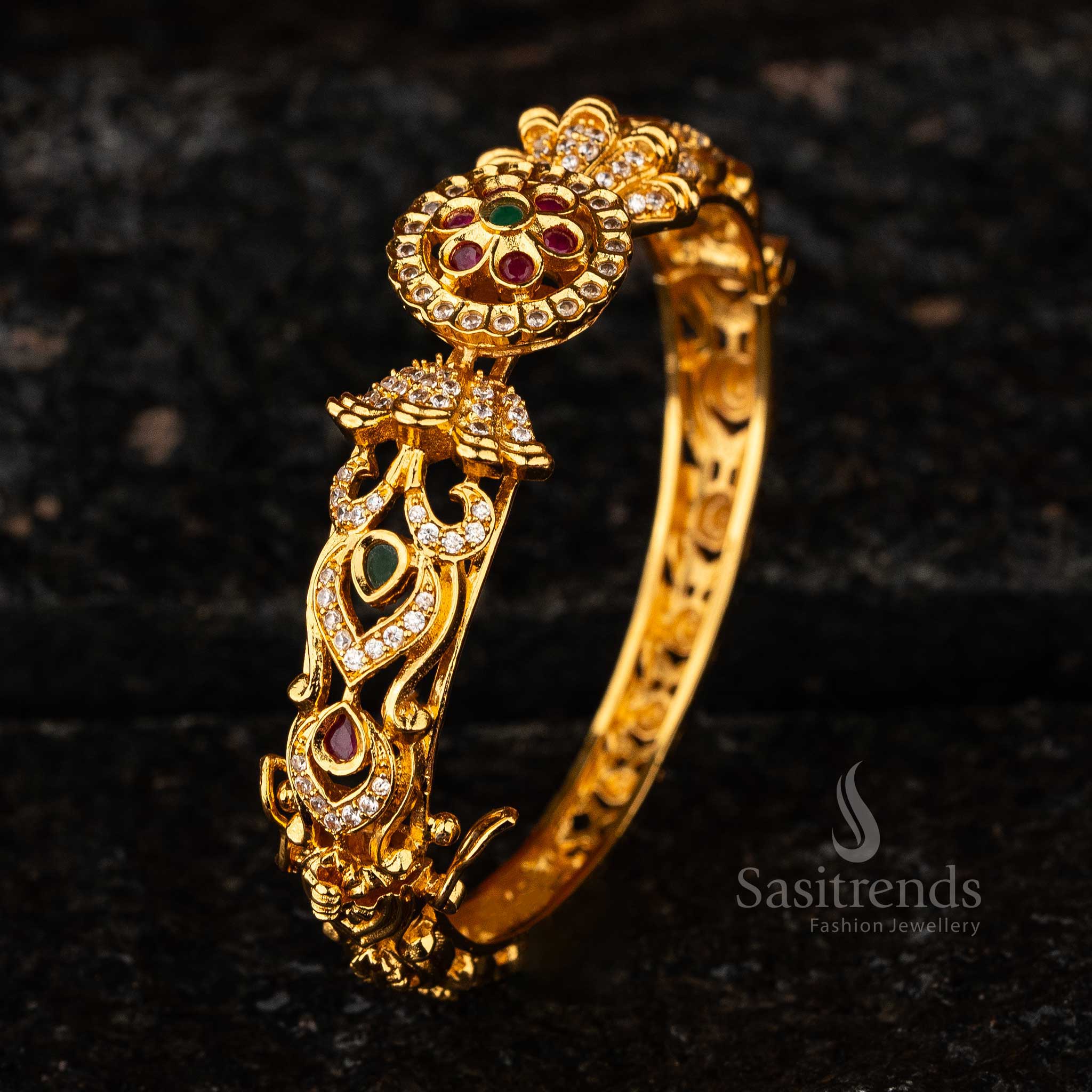 Opulent Floral Design Gold-Plated Bangle for Traditional Ceremonies 