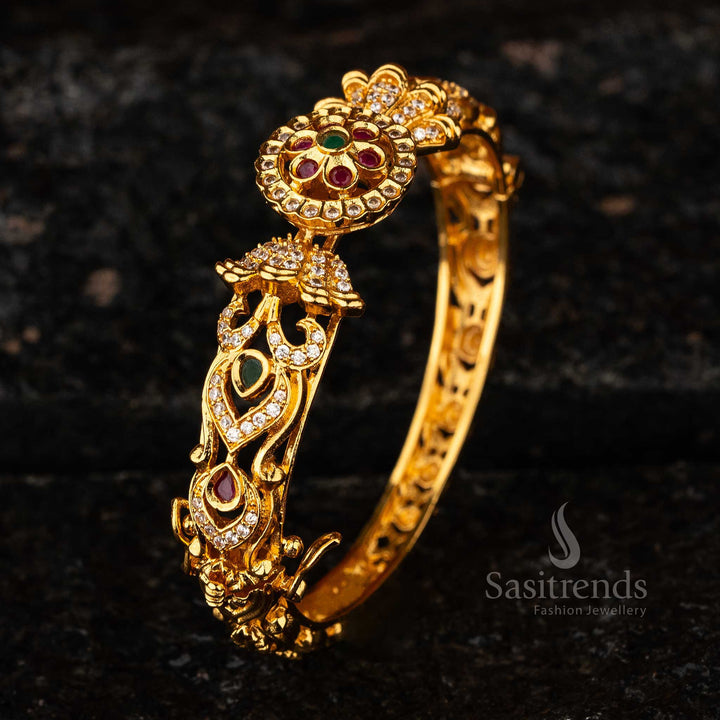 Sasitrends -  Temple Matte Gold-Plated Sarang Kada with Luxurious Floral AD Stone Design Bangle