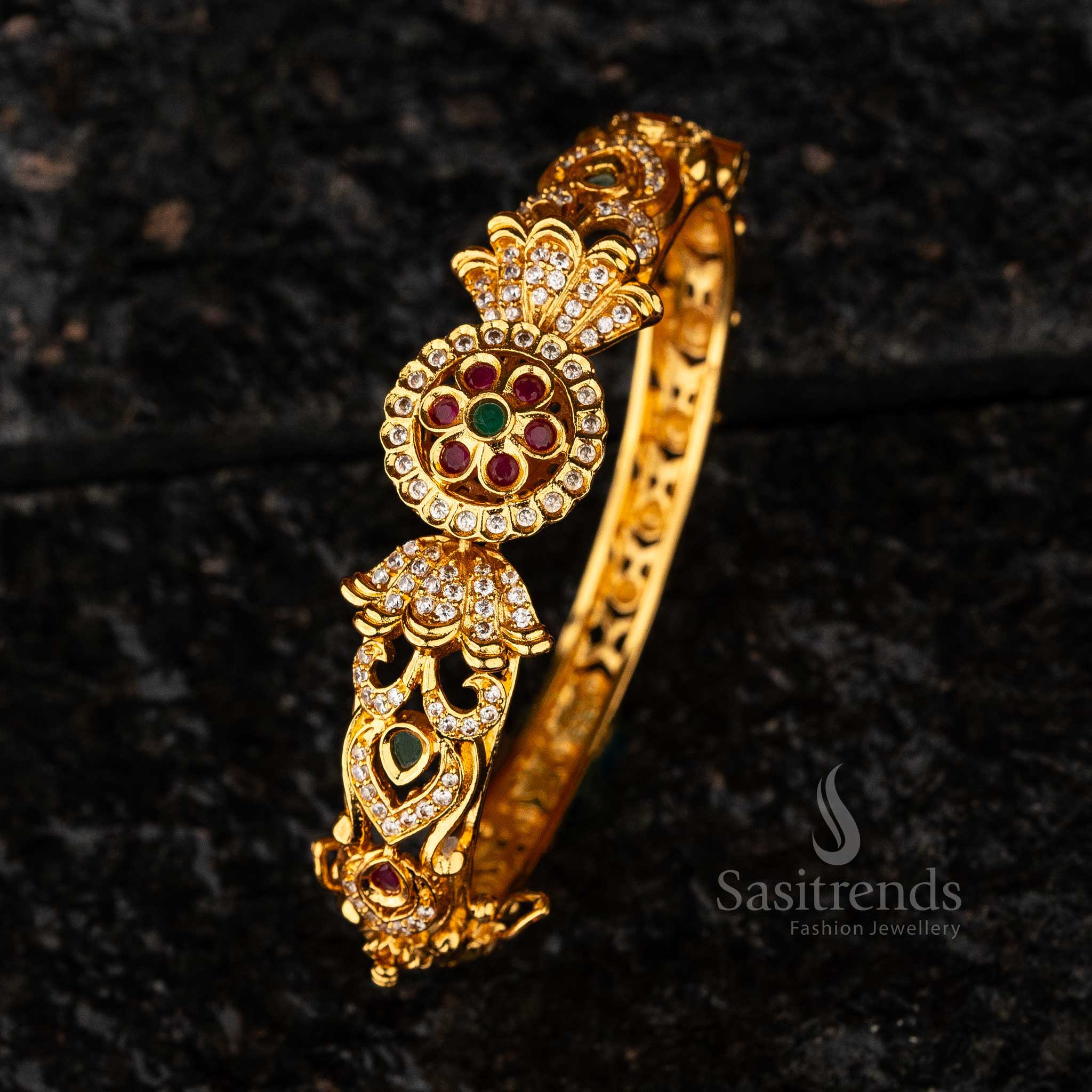 Matte Gold-Plated Sarang Kada with Floral AD Stone Design Sasitrends Online Shopping