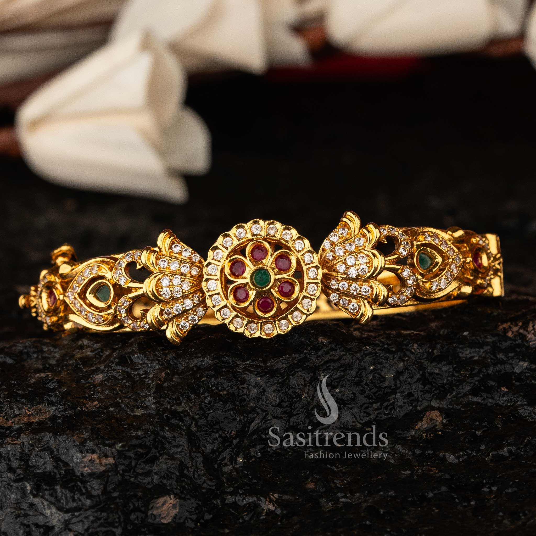 Matte Gold-Plated Sarang Kada with Floral AD Stone Design Sasitrends Online Shopping