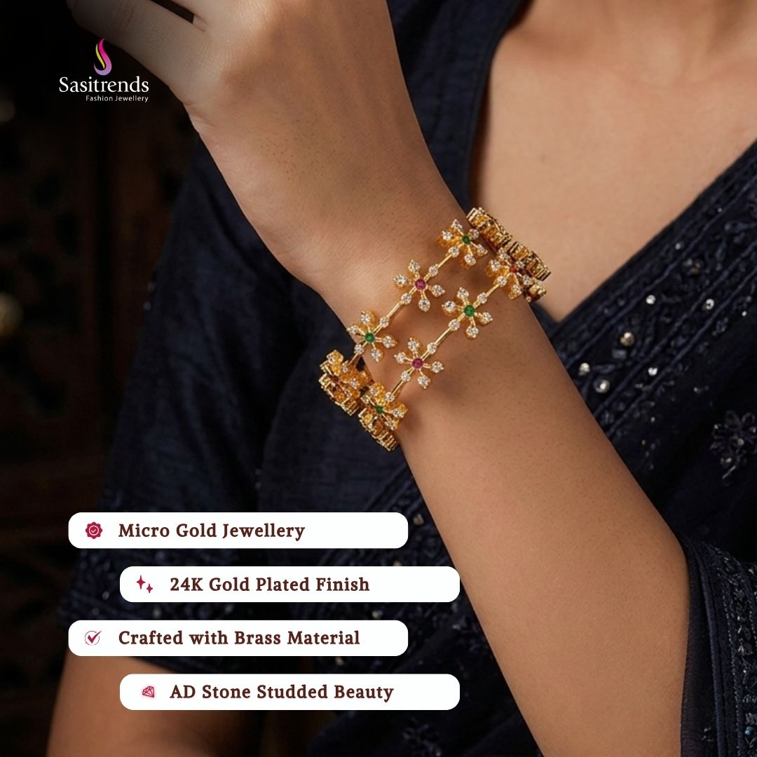 Beautiful collection of micro gold plated bangles styled by a model, elegant traditional jewellery suitable for festive wear, wedding functions, party occasions, and ethnic outfits.