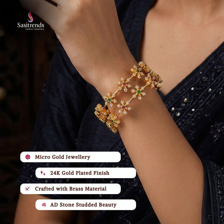 Beautiful collection of micro gold plated bangles styled by a model, elegant traditional jewellery suitable for festive wear, wedding functions, party occasions, and ethnic outfits.