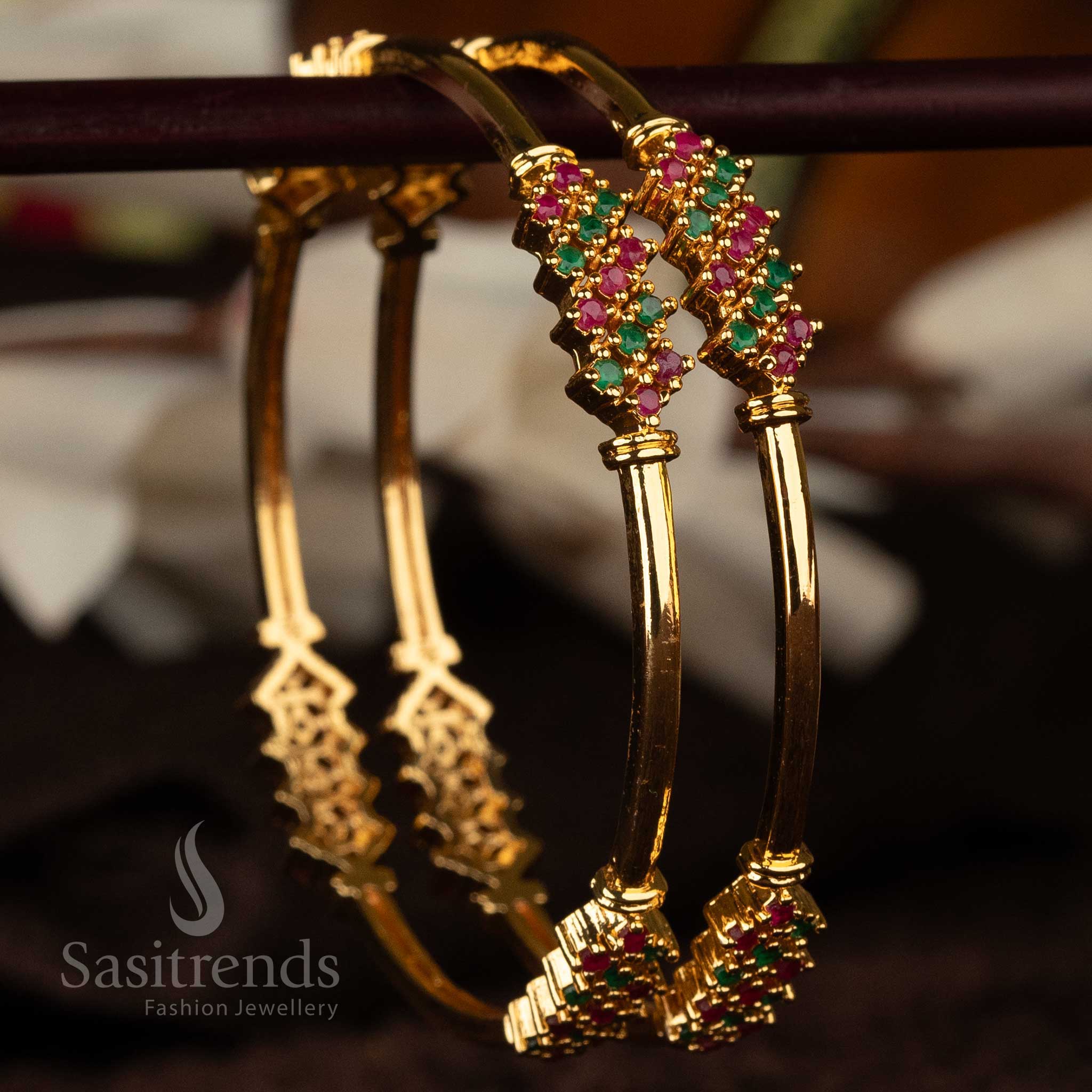 amazing-traditional-one-gram-micro-gold-plated-american-diamond-bangles-pair-elegant-interlaced-ruby-green-stone-motifs-stunning-jewellery - Sasitrends