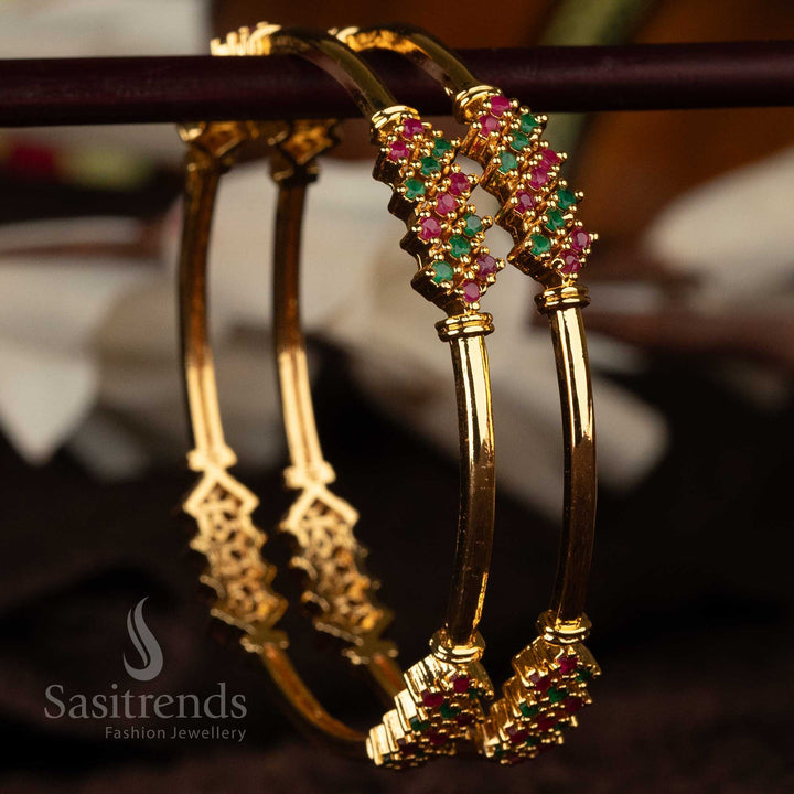 amazing-traditional-one-gram-micro-gold-plated-american-diamond-bangles-pair-elegant-interlaced-ruby-green-stone-motifs-stunning-jewellery - Sasitrends