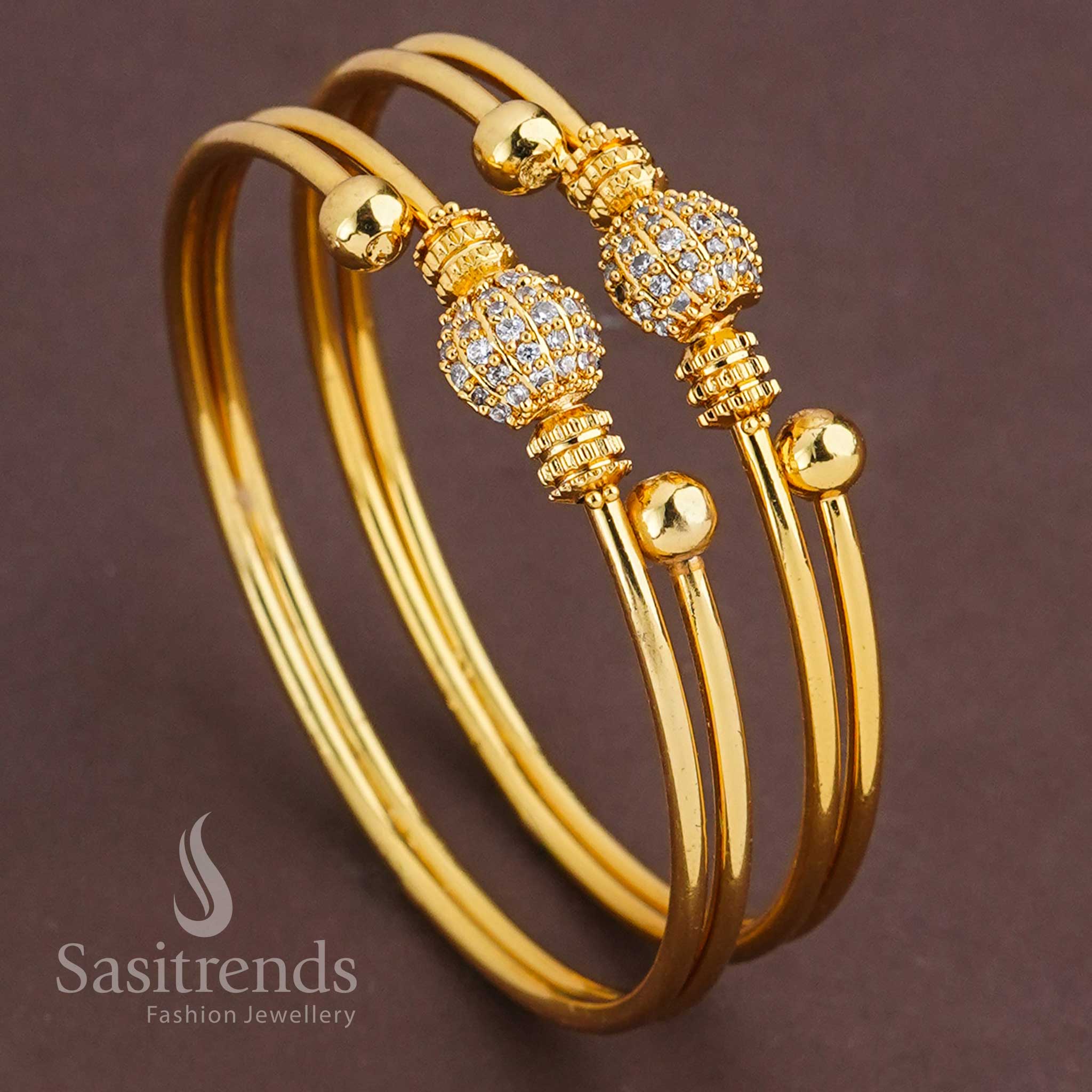 Micro Gold Plated AD Bangle Pair with White Stones - Perfect for Traditional Occasions