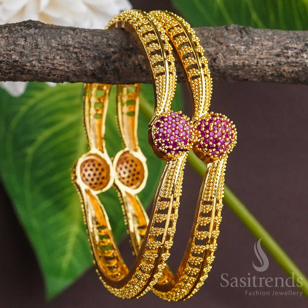 Traditional Bangle Pair  Ruby-Studded  Micro Gold Plated  Latest AD Stones