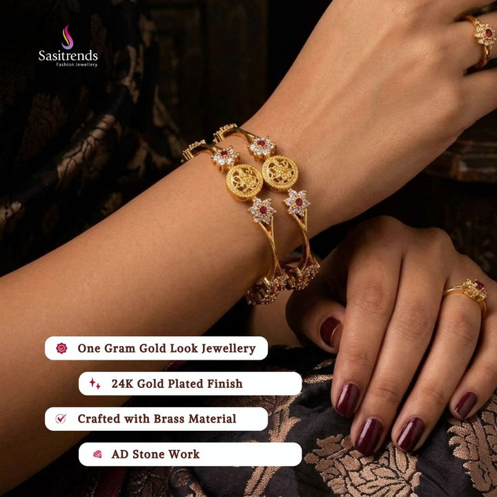 Beautiful collection of micro gold plated bangles styled by a model, elegant traditional jewellery suitable for festive wear, wedding functions, party occasions, and ethnic outfits.