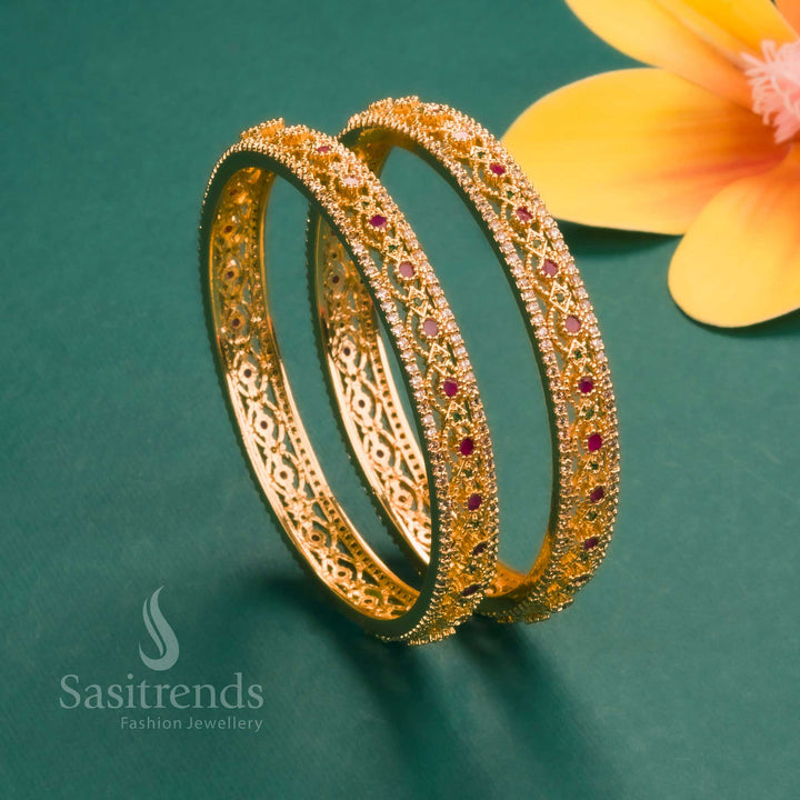 Stylish Micro Gold Plated Gorgeous Bangles with Leaf Pattern and American Diamond Multi Stone Motifs – Designer and Trendy Jewellery - Sasitrends