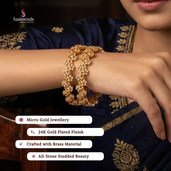 Beautiful collection of micro gold plated bangles styled by a model, elegant traditional jewellery suitable for festive wear, wedding functions, party occasions, and ethnic outfits.