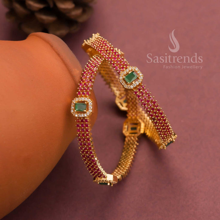 Gorgeous Micro Gold Plated Traditional White AD Bangles with Ruby Multi American Diamond Stones - Sasitrends