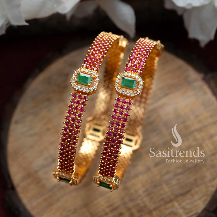 Traditional Micro Gold Plated White AD Bangles with Ruby Multi American Diamond Stones  - Sasitrends