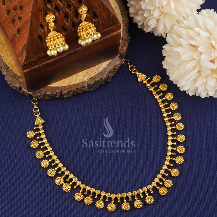 Stylish Traditional Temple Matte Gold Plated Jewellery Set With Jhumkas For Women, Featuring Classic Handcrafted Design Ideal For Festive And Party Wear – Sasitrends