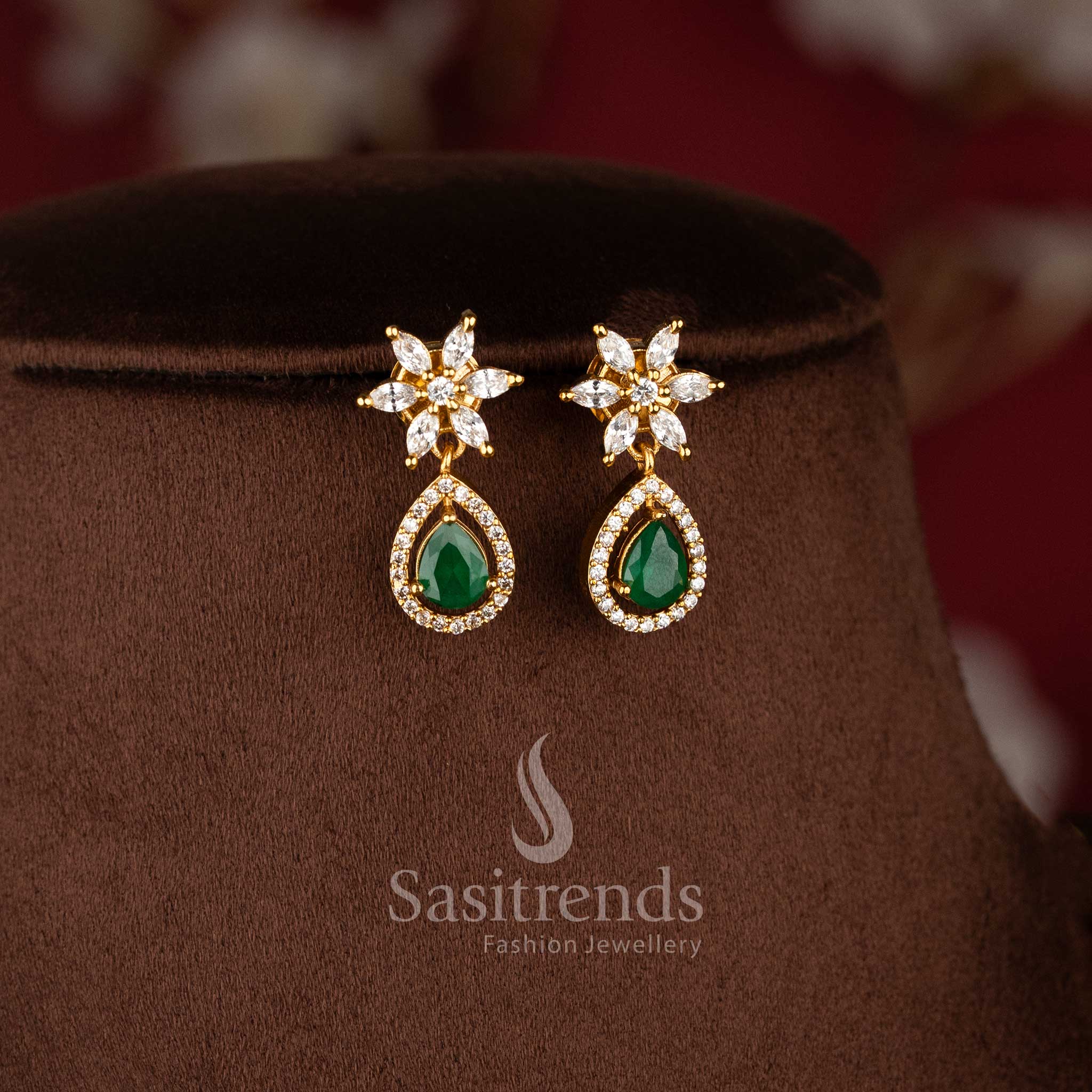 Elegant Princess Style White Green Necklace Jewellery Set with American Diamond stones and matte gold plated finish - Sasitrends