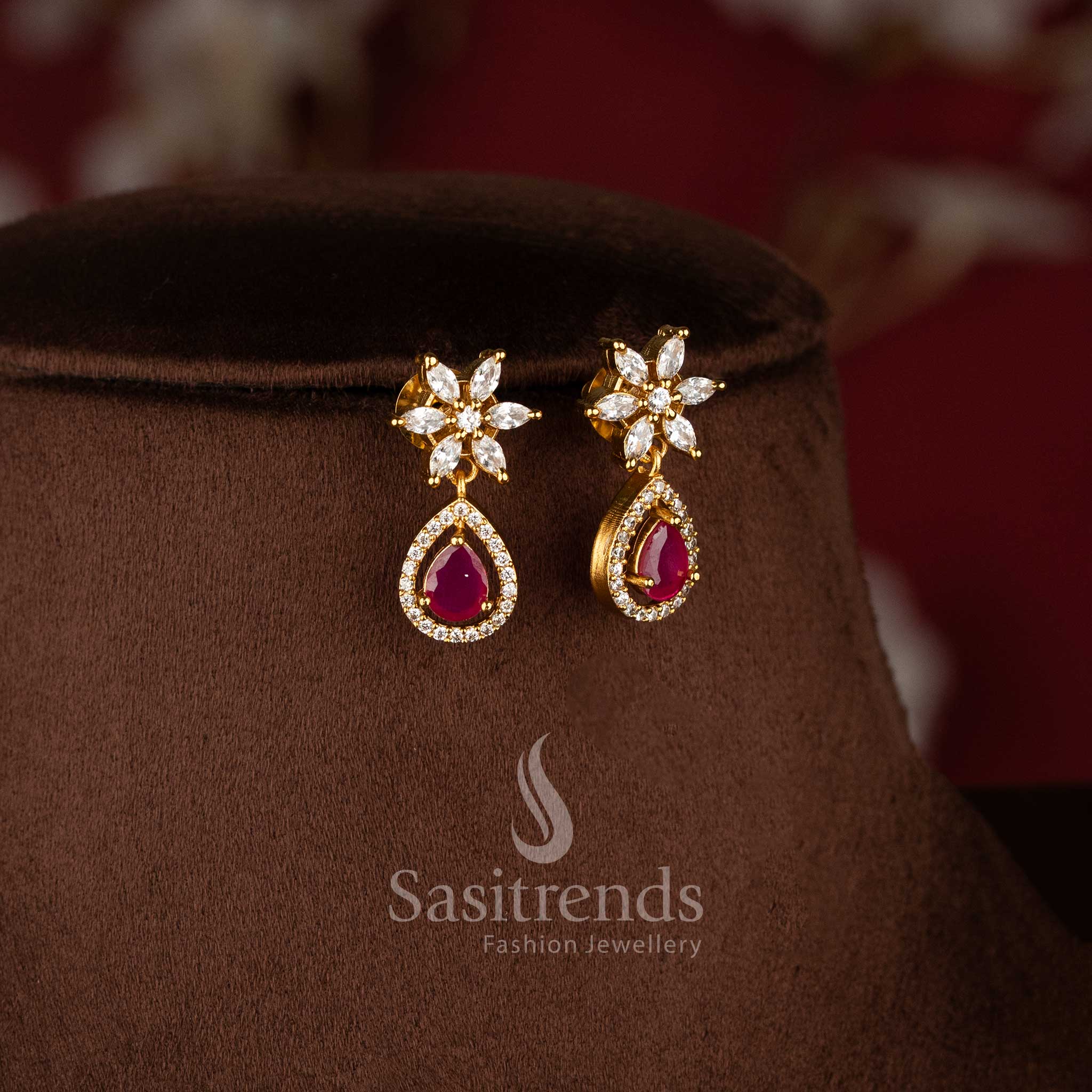 Princess-Inspired Matte Gold Plated Necklace Jewellery Set featuring White Ruby center stones and sparkling American Diamond detailing for bridal and festive wear - Sasitrends