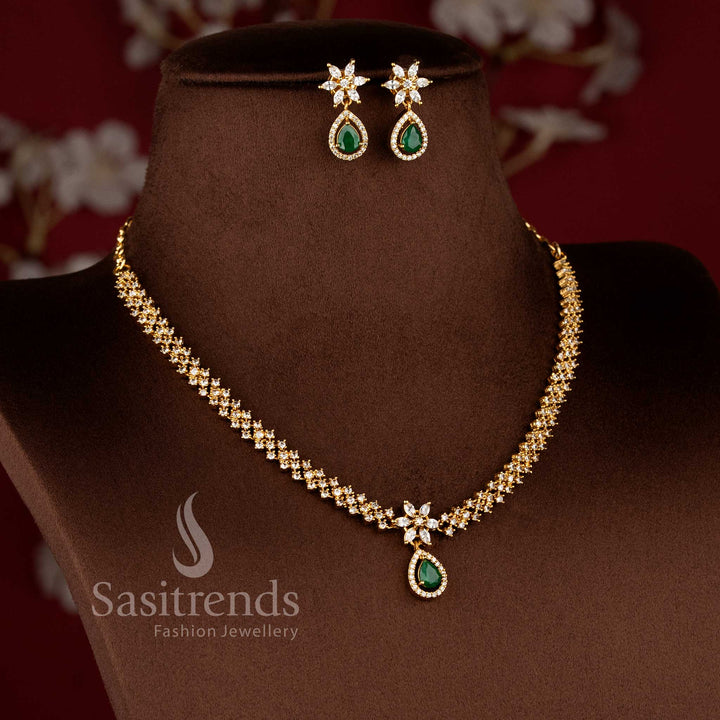 Elegant Princess Style White Green Necklace Jewellery Set with American Diamond stones and matte gold plated finish - Sasitrends